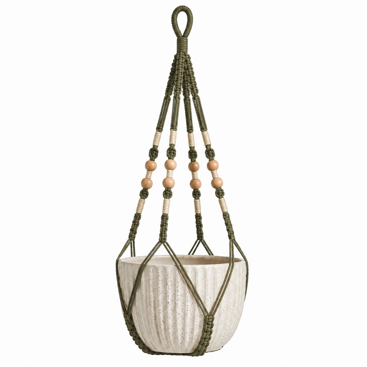 Pot de fleurs suspendu diamètre 16 cm céramique blanche et corde verte style bohème