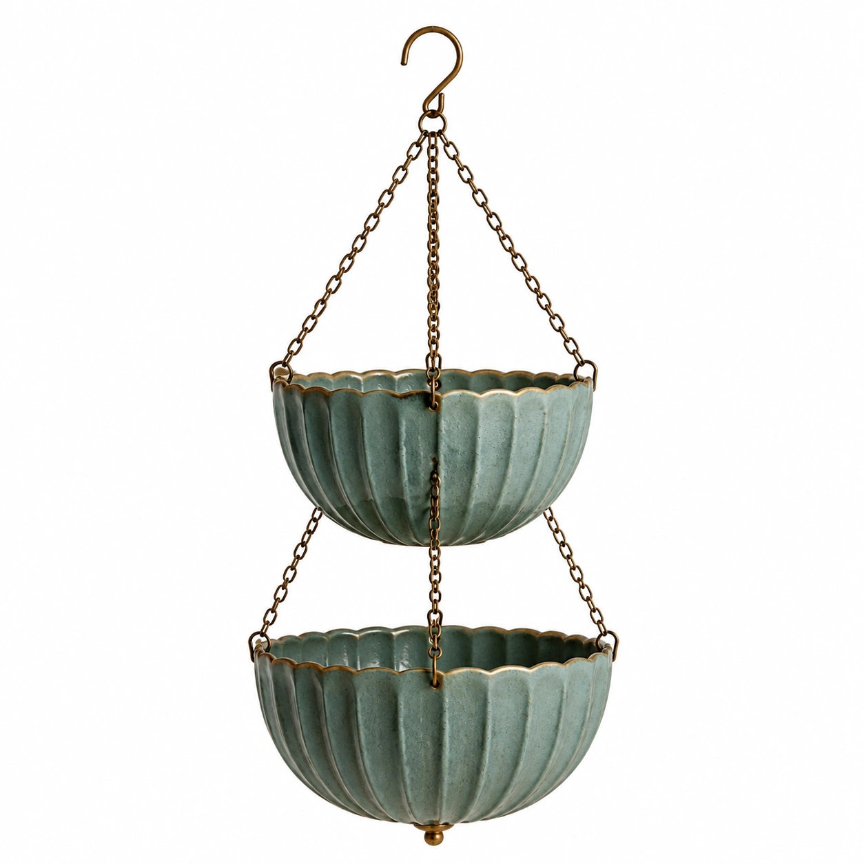 Jardinière suspendue double 25 cm en céramique vert sauge avec chaînes métalliques