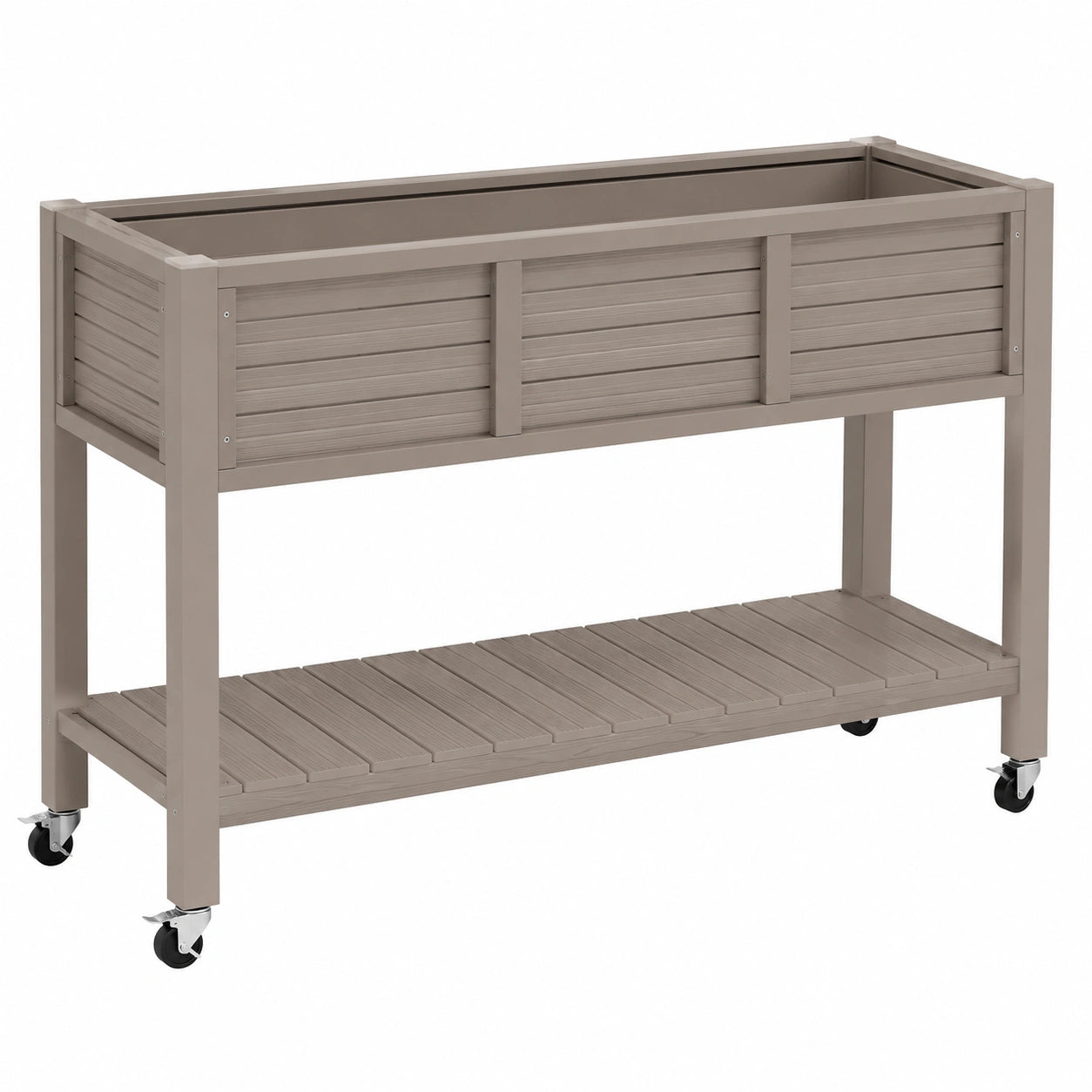 Jardinière surélevée 120 x 50 x 90 cm en plastique taupe à roulettes avec étagère