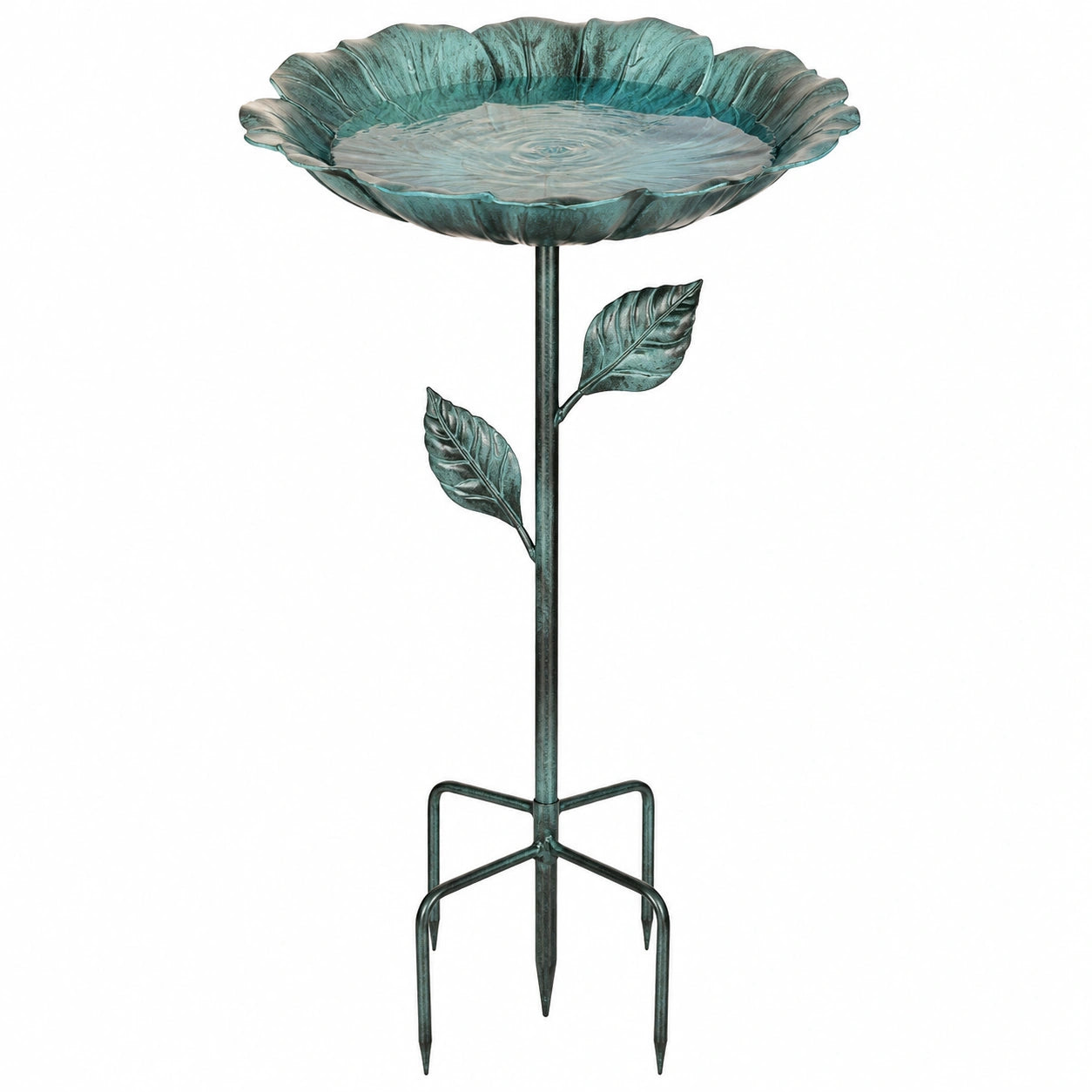Bain pour oiseaux sur pied diamètre 35 cm métal vert style floral pour jardin