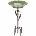 Bain d'oiseaux 35 cm métal et verre vert sur pied décor floral