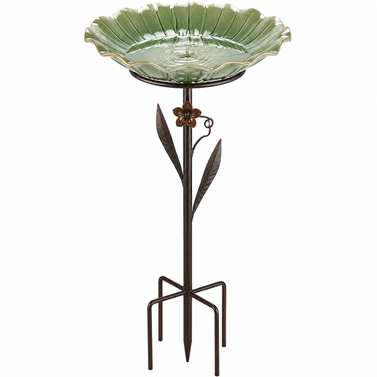 Bain d'oiseaux 35 cm métal et verre vert sur pied décor floral