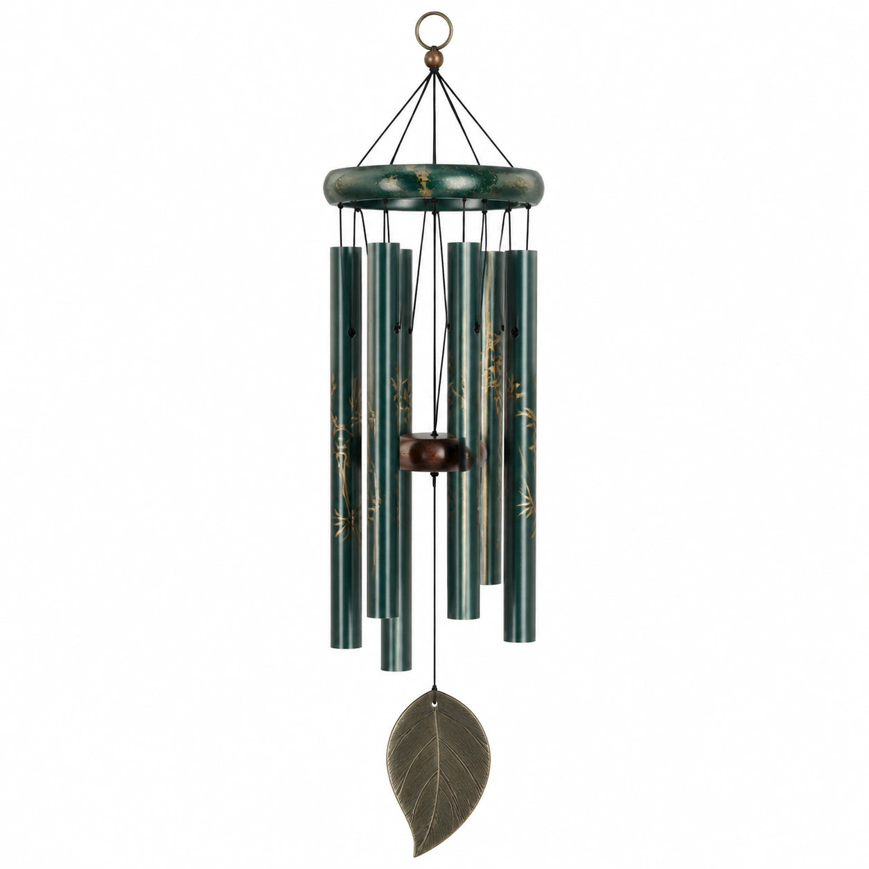 Carillon à vent 85 cm en métal vert foncé décor feuille pour jardin