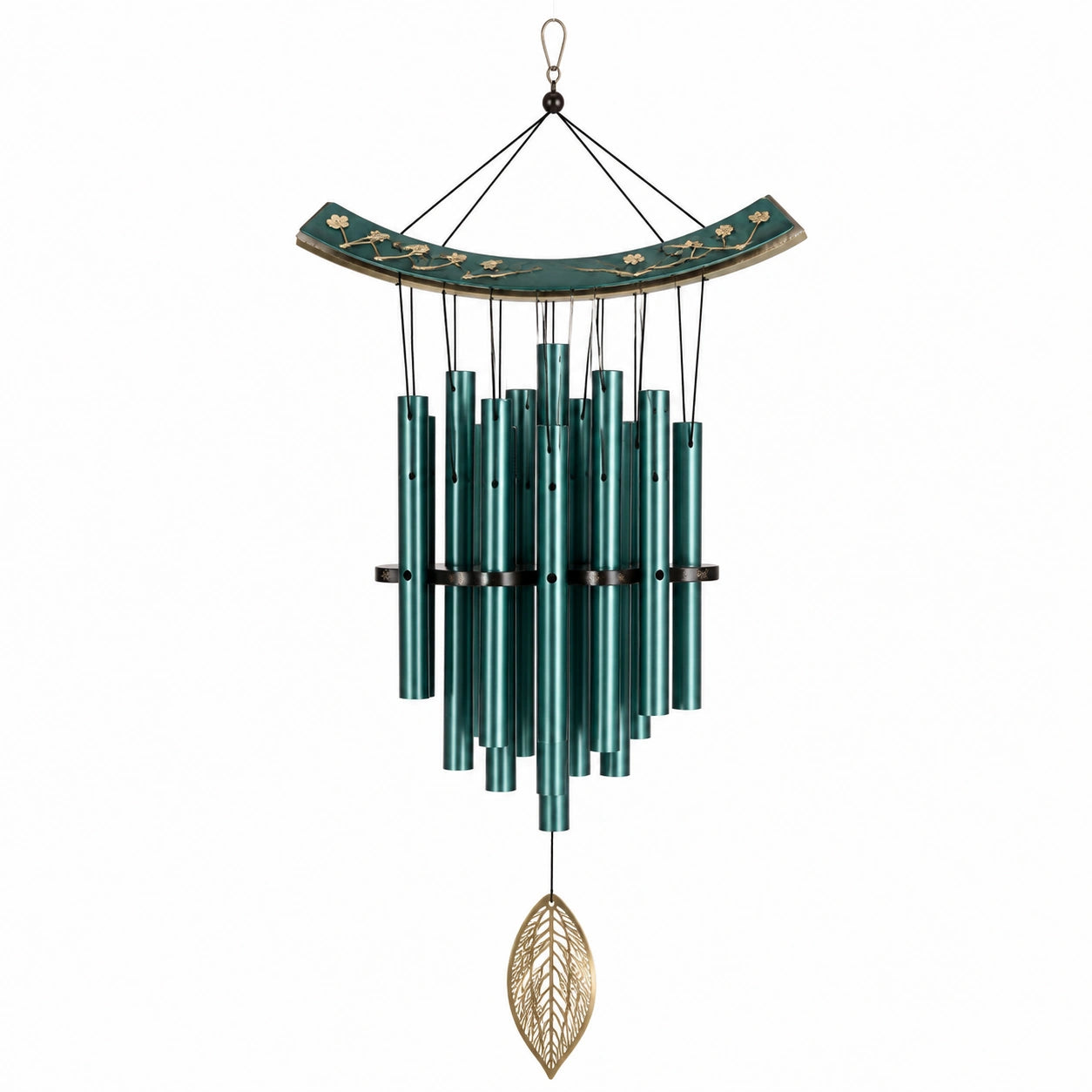 Carillon à vent 80 cm en métal vert canard et doré décoratif suspendu
