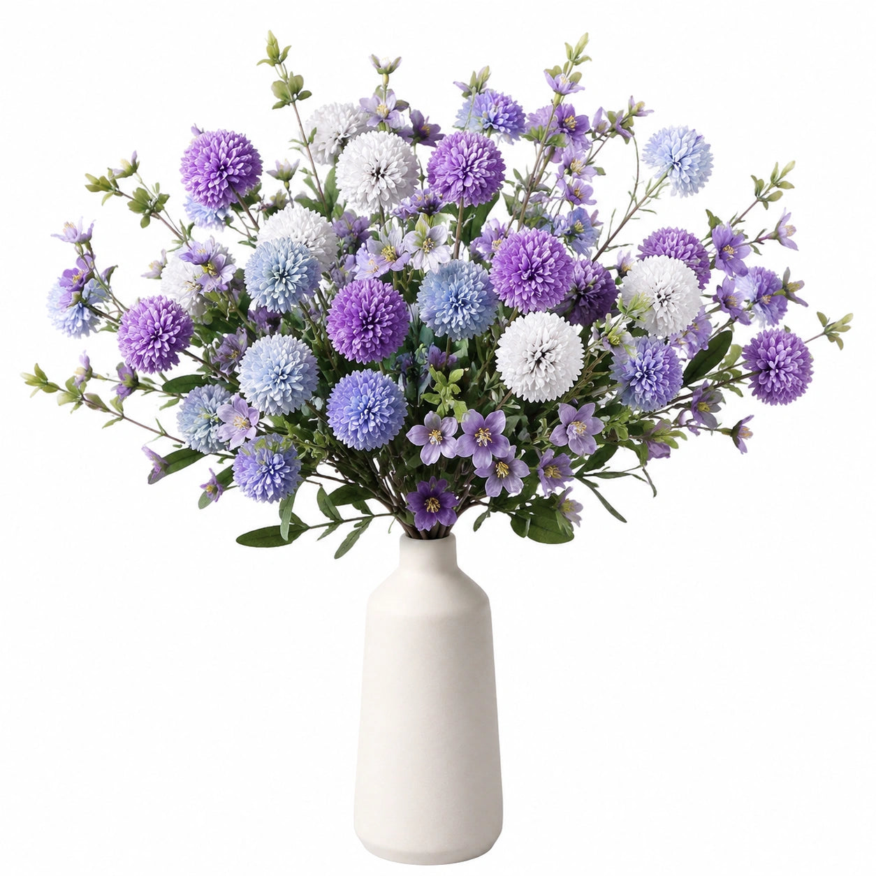 Bouquet de fleurs artificielles 90 cm en tissu violet bleu et blanc avec vase décoratif