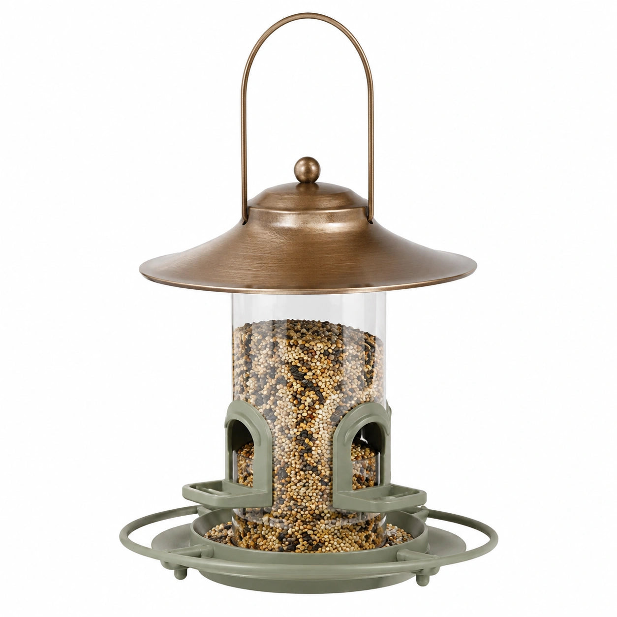 Mangeoire à oiseaux Ø 25 cm métal et plastique transparent bronze vert à suspendre