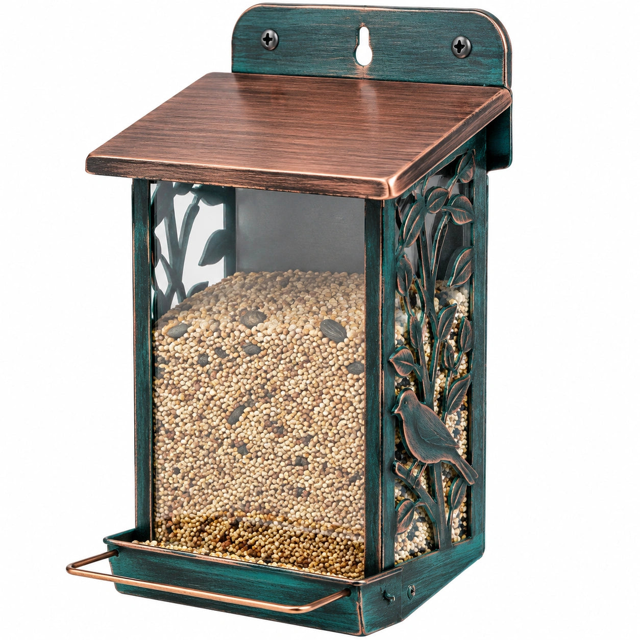 Mangeoire à oiseaux murale 20 x 14 x 32 cm métal vert cuivre avec réservoir transparent décorative