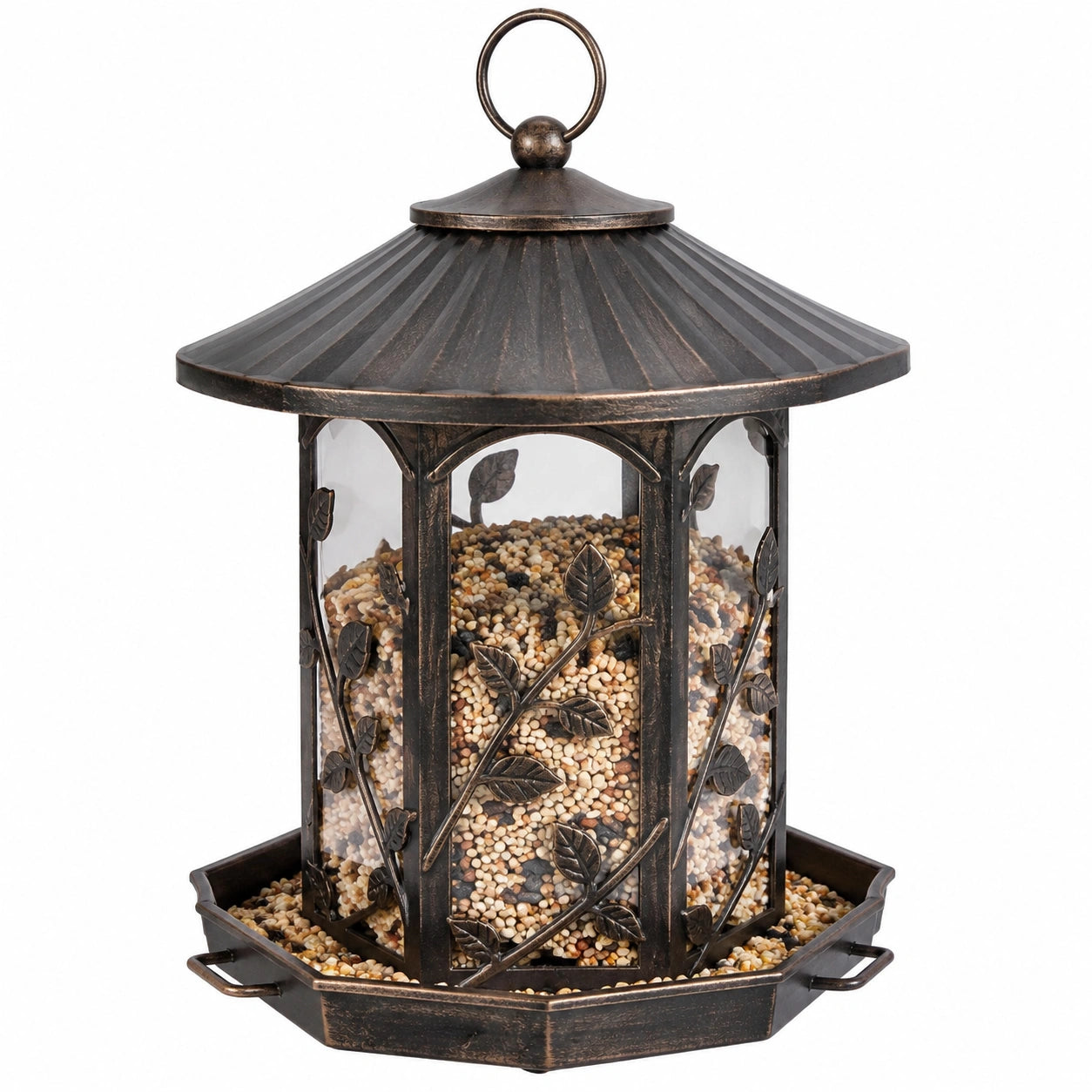 Mangeoire à oiseaux 30 cm métal brun suspendue décor feuilles